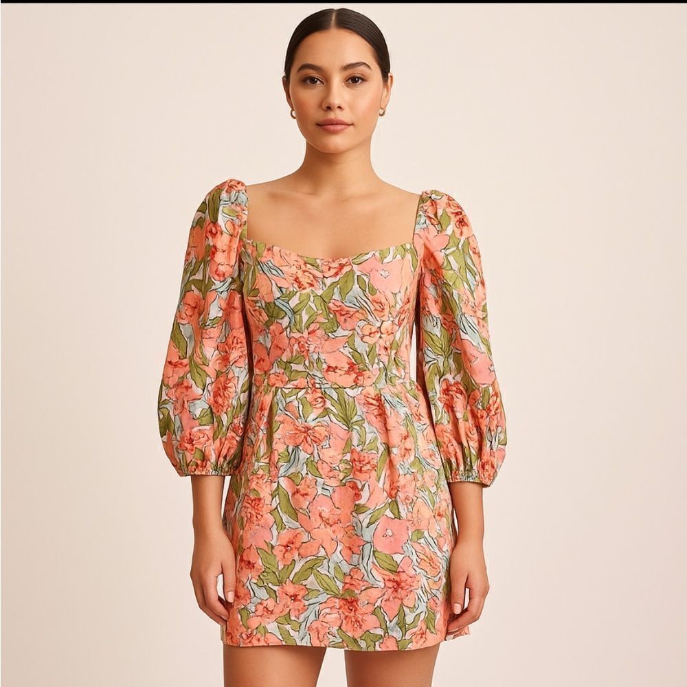 Revolve Warehouse Linen Blend Floral Puff Sleeve Square Neck Mini Dress UK 12